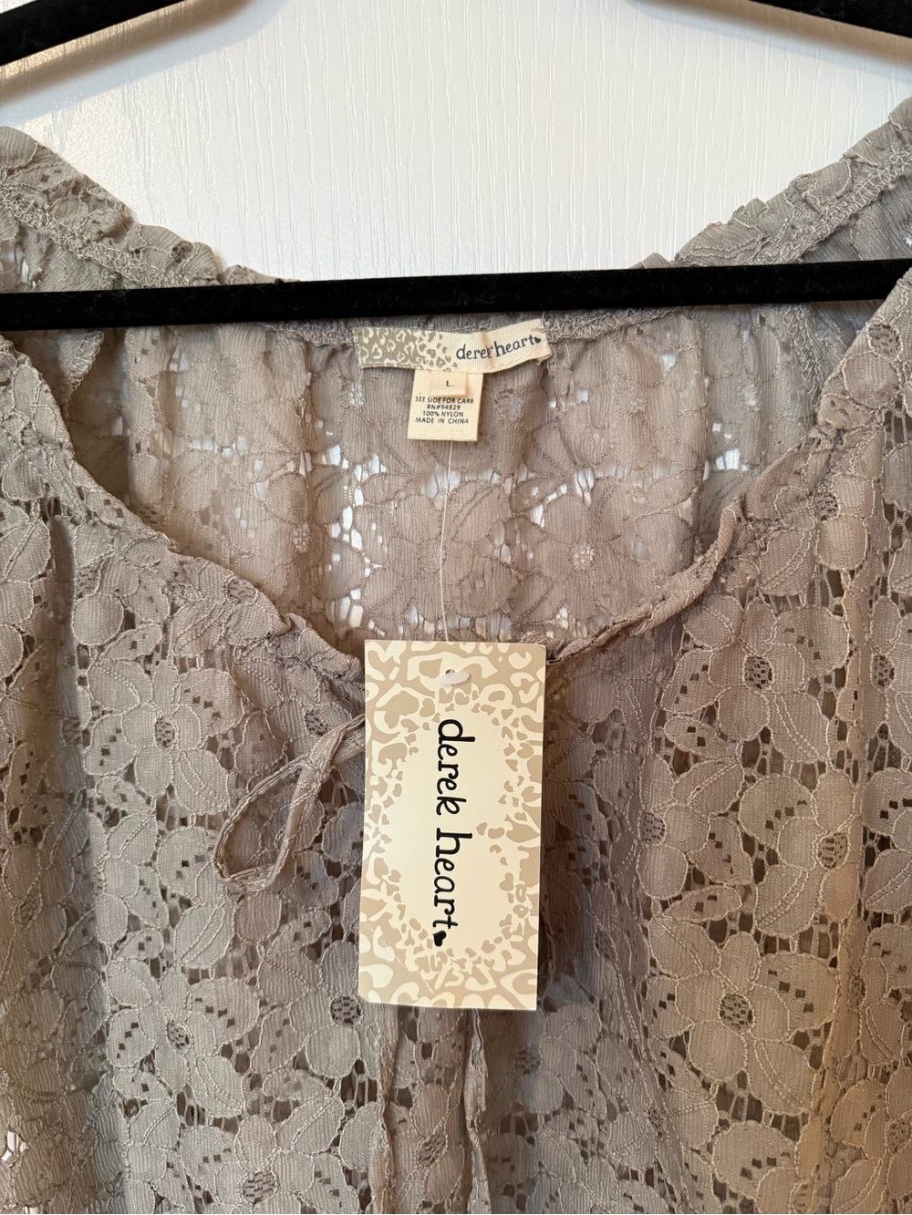 Derek Heart Lace Tie-Front Short Sleeve Top - Taupe - Picture 2 of 8